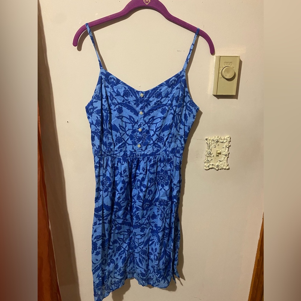 Floral blue and dark blue summer dress, stretchy, adjustable straps, zip on side